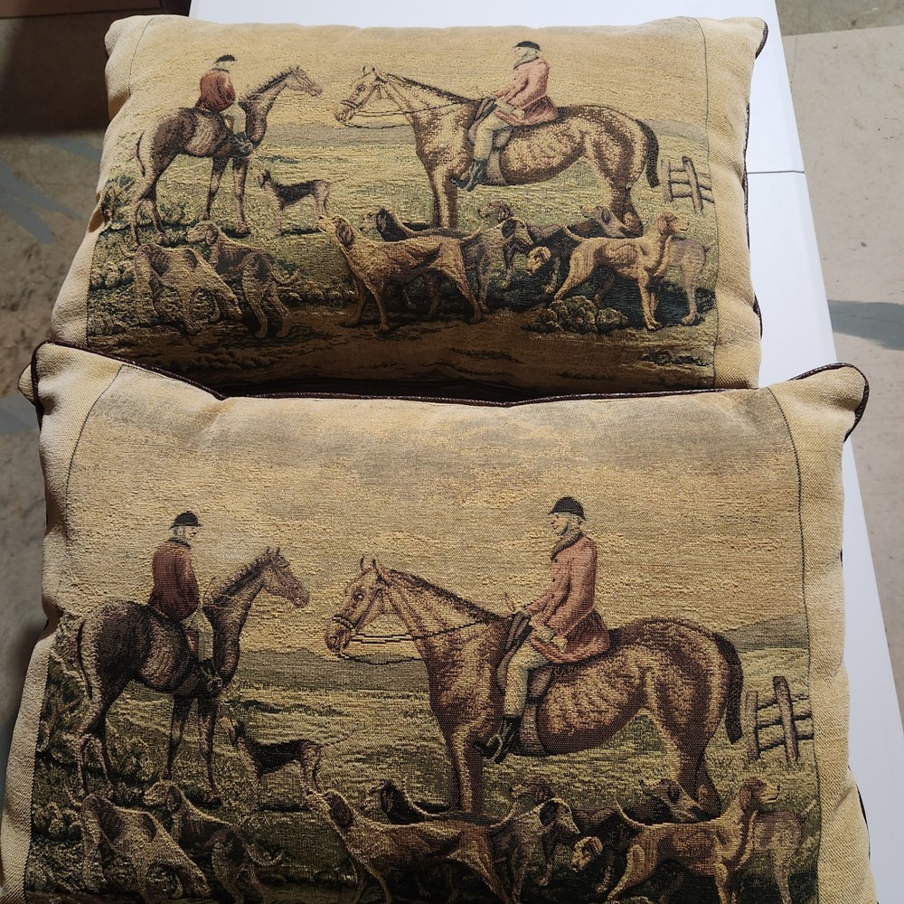 Ashford Court Vtg Set of 2 Equestrian Fox Hunt Tapestry Pillows Hounds Horses